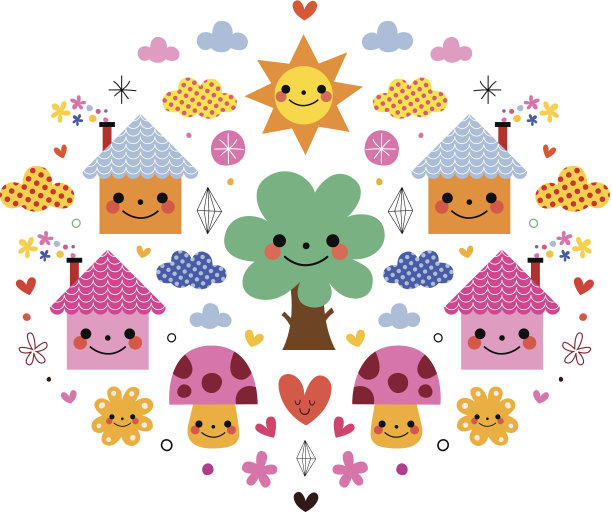 可爱的房子，树，太阳，蘑菇，花和云矢量插图图片下载