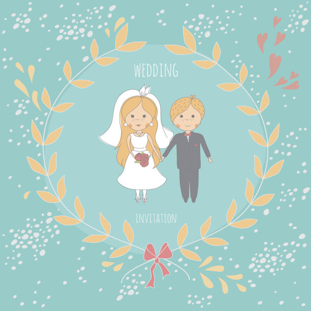 婚礼请柬上有一对可爱的新婚夫妇图片下载