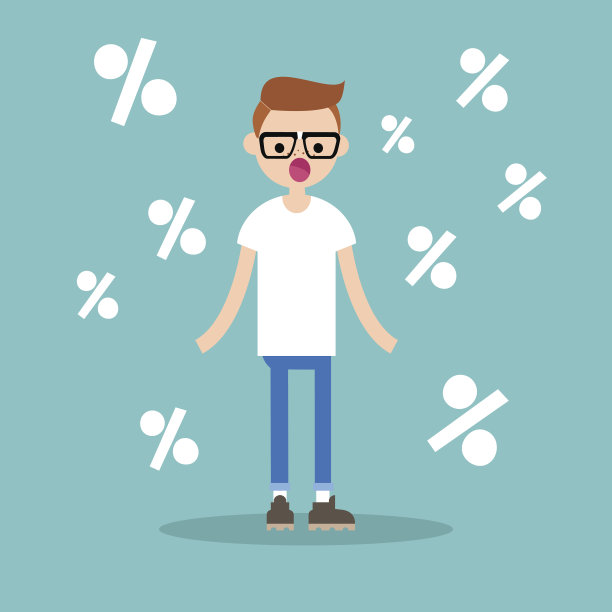 年轻惊讶的人物被百分数包围着。金融的概念图片下载