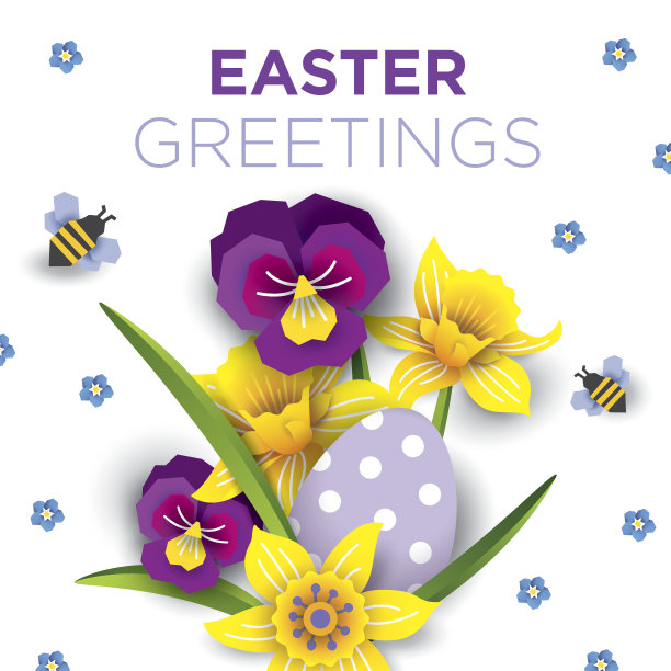 复活节贺卡。矢量插图的春天的花。水仙花，雏菊和复活节彩蛋在白色的背景。图片下载