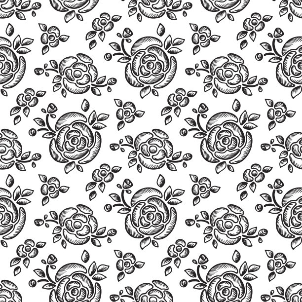 花。玫瑰。花卉无缝模式。葡萄背景与玫瑰花，芽和叶素材图片