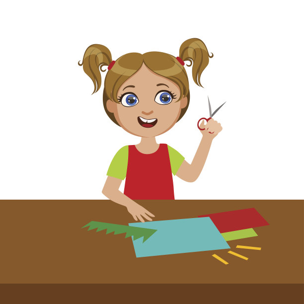 女孩修剪草形状的贴花，小学艺术课矢量插图图片下载