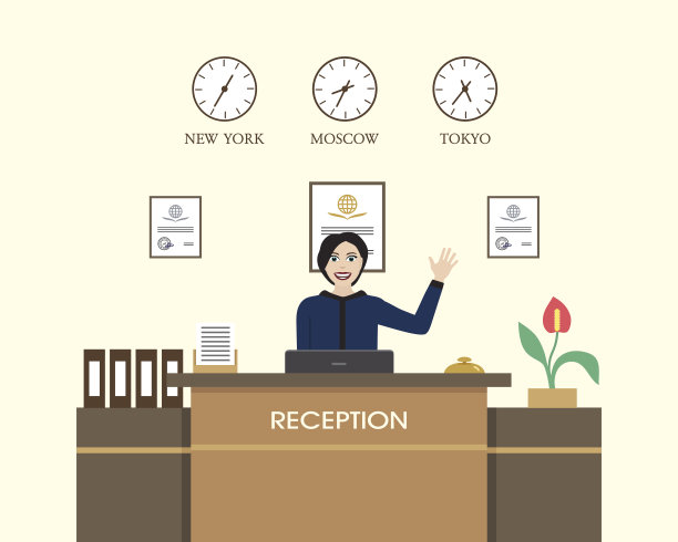 在接待处工作的女孩。图片下载