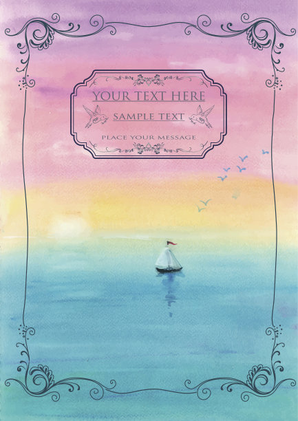 水彩手绘日落海洋航行书封面模板图片下载