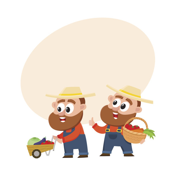 滑稽的农民穿着工作服收割蔬菜，推着手推车，提着篮子图片下载