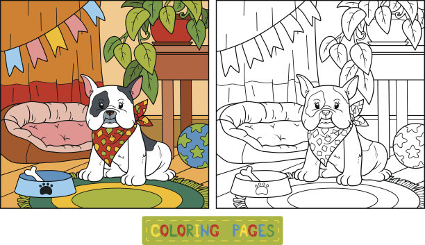 涂色书(法国斗牛犬和背景)图片下载