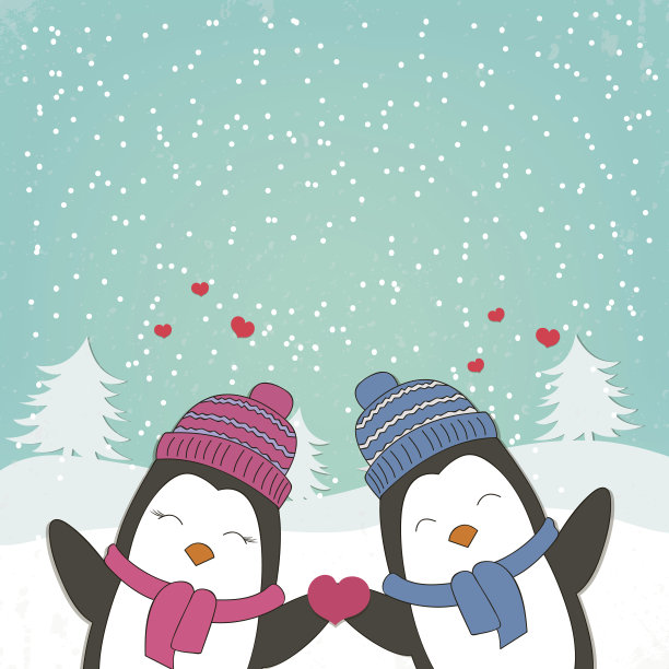 可爱的小企鹅情侣情人节贺卡。图片下载