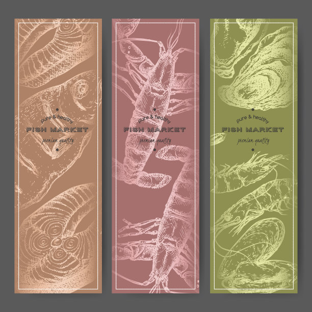 三个垂直的横幅，上面有鱼，虾，龙虾，牡蛎银色的草图。图片下载