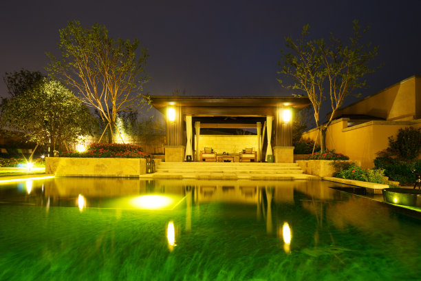 现代别墅的后院，晚上天空晴朗图片下载