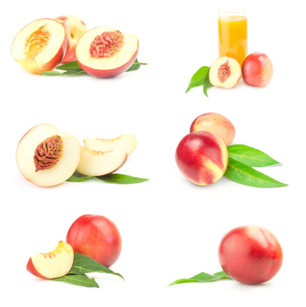 一套新鲜的桃子水果孤立在一个白色的切口图片下载