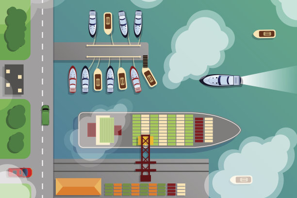 船坞港口码头鸟瞰图与货船和远洋船只矢量图素材图片