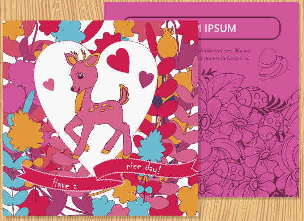 花卡设计，花卉、树叶和鹿的涂鸦元素。图片下载