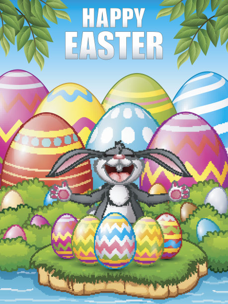 卡通兔子在河边的树林里拿着五个装饰好的复活节彩蛋哈哈大笑图片下载