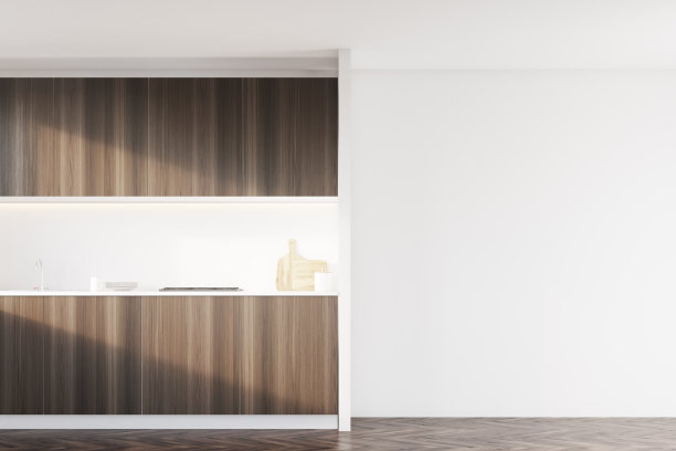 深色木质厨房，白色墙壁图片下载