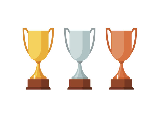奖杯得主杯与木制底座孤立的白色背景。金、银、铜奖奖杯图标素材图片