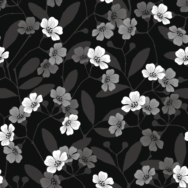无缝单色图案与开花的树枝在黑色的背景。素材图片