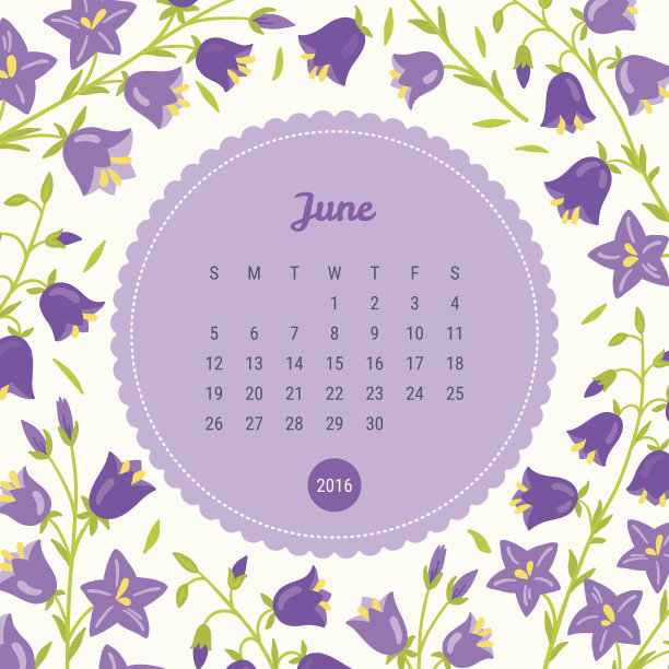 日历模板2016与花卉背景。贝尔花。6月图片下载