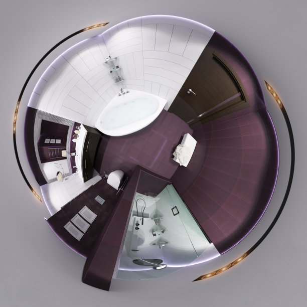3d渲染球形360全景浴室内部图片下载