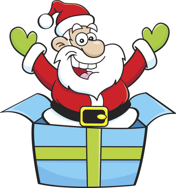 卡通圣诞老人从盒子里跳出来。图片下载