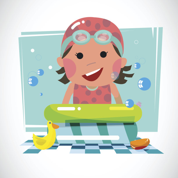 孩子与游泳池和玩具鸭子-向量图片下载