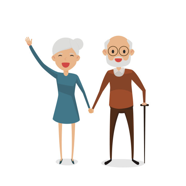 快乐的爷爷奶奶牵着手。一对退休的老年夫妇。爷爷奶奶拄着拐杖站着，满脸笑容图片下载