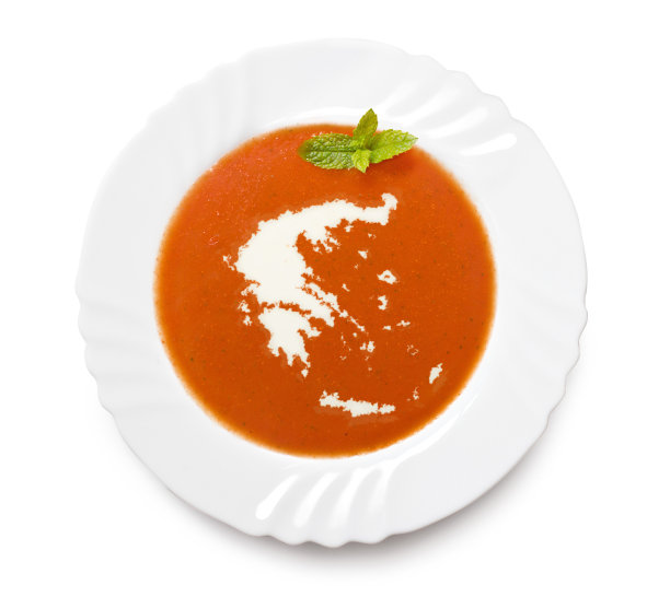 盛有番茄汤和奶油的盘子(希腊式)图片下载