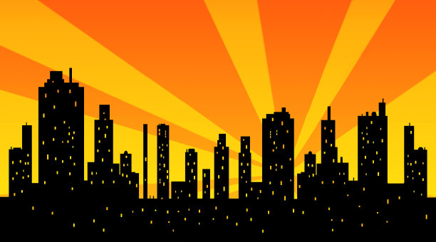 日落时现代城市摩天大楼的轮廓图片下载