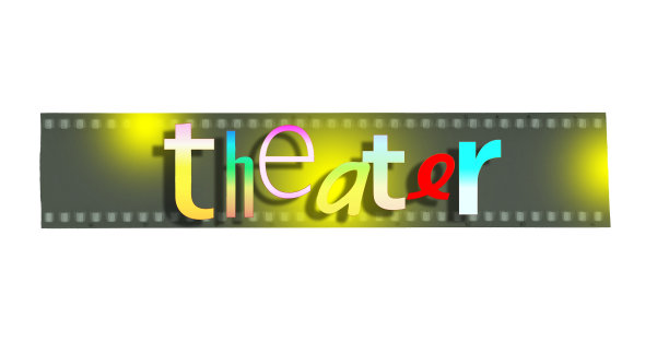 “剧院”这个词用不同的颜色和随机的字符写成。在背景中，我们有黄色和灰色的空白胶片带。图片下载