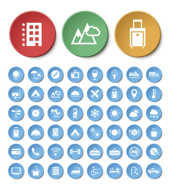 一套48个环球旅游和酒店图标。图片下载