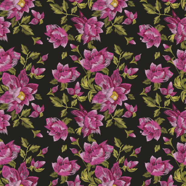 刺绣彩色花卉无缝图案。素材图片