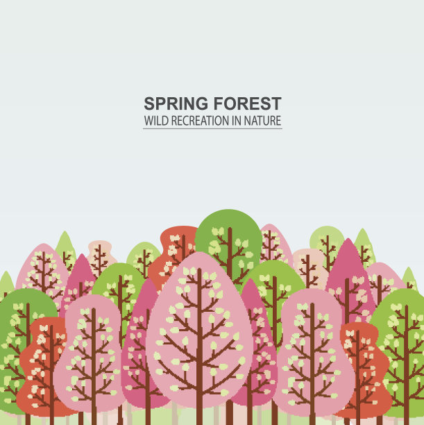 春天的森林里有粉红色、红色和绿色的树木。野营图片下载