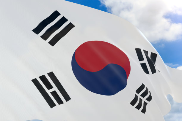 3D渲染韩国国旗在蓝天上飘扬图片下载