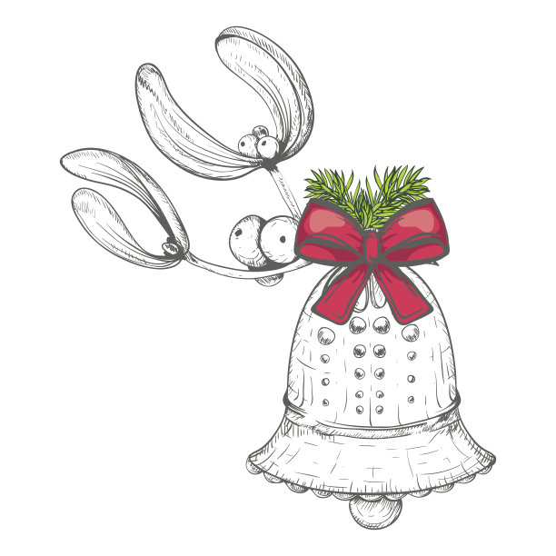 用槲寄生和松枝手绘的圣诞钟图片下载