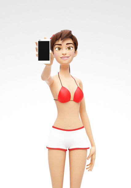 手机模型与空白屏幕持有微笑和快乐的珍妮-三维卡通女性角色在泳装比基尼图片下载