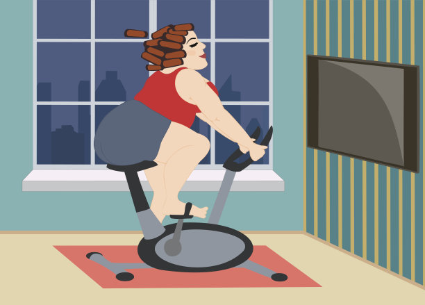 满年轻的女孩是订婚在一个固定自行车在家窗前图片下载