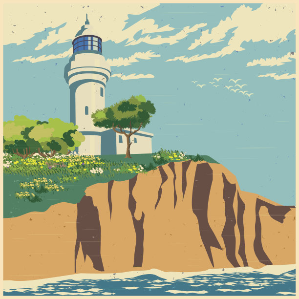 悬崖上的旧海报上的灯塔图片下载