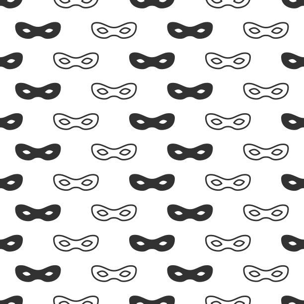 无缝模式与蒙版。黑白狂欢简约设计。超级英雄面具。传统的威尼斯节日狂欢节图标。化妆舞会。矢量插图。背景。纹理。符号象形图图片下载