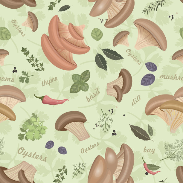 食用蘑菇、牡蛎和香草，质地无缝图片下载