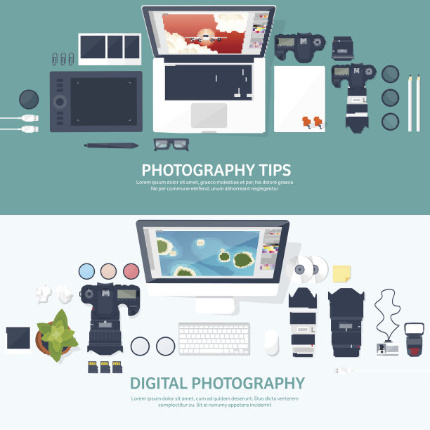 桌子上放着摄影器材。摄影工具，照片编辑，照片拍摄图片下载