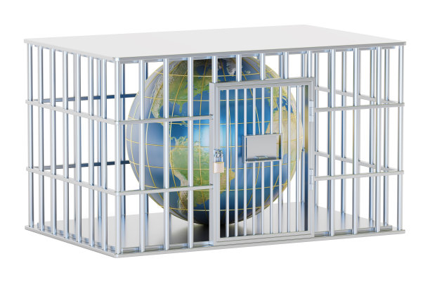 钢笼，带地球仪的牢房。3D渲染孤立的白色背景图片下载