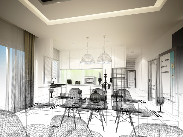 室内餐厅和厨房的抽象草图设计，3d图片下载