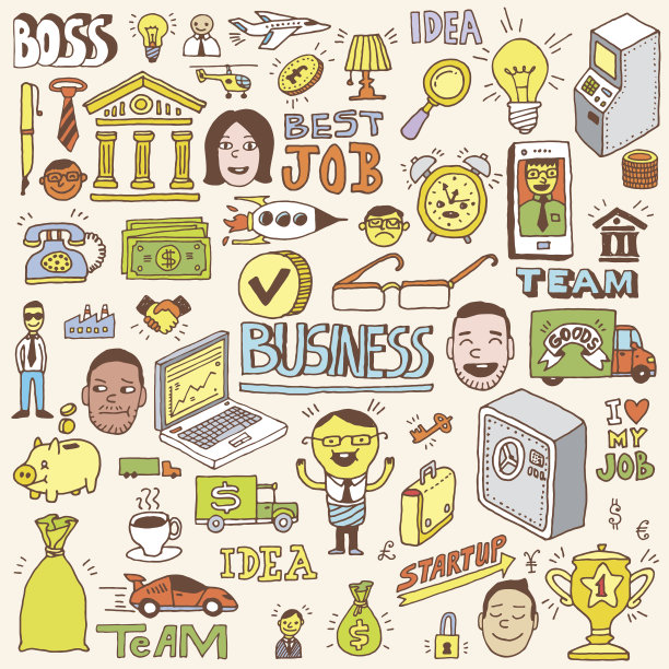 商业和银行手绘彩色涂鸦插图向量集。图片下载