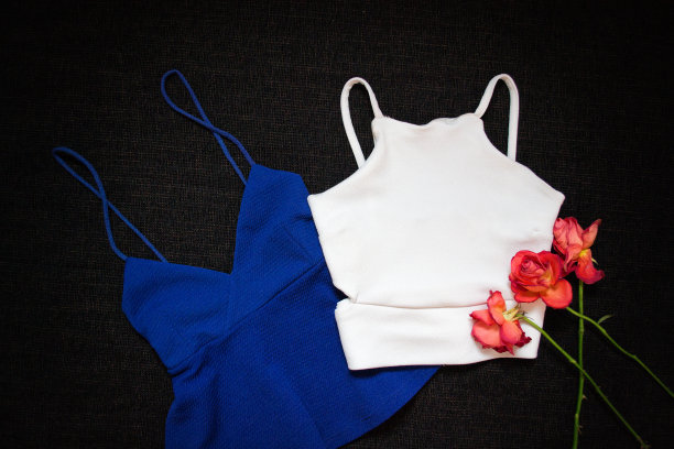 蓝色和白色的顶部，黑色的背景，玫瑰。时尚概念，俯视图图片下载