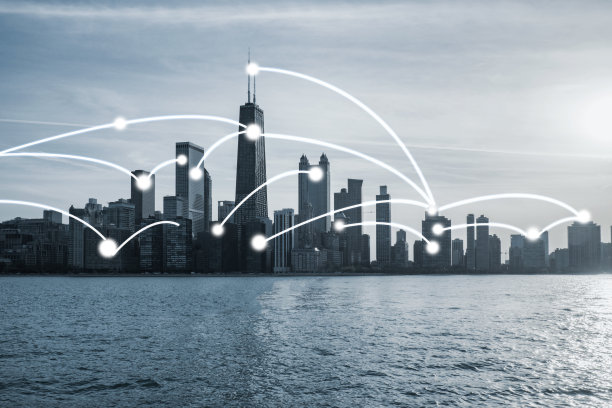 具有网络连接概念的芝加哥城市景观图片下载