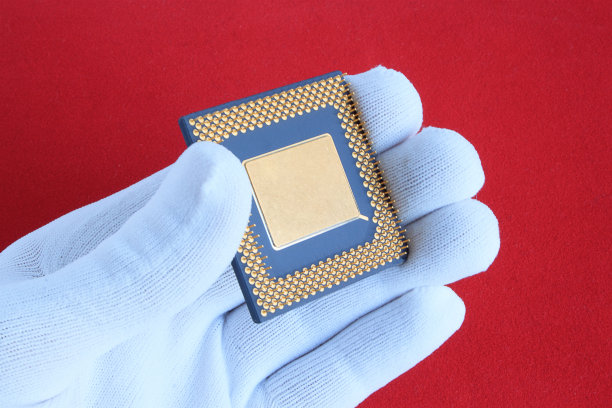 手持白手套的电脑芯片。图片下载