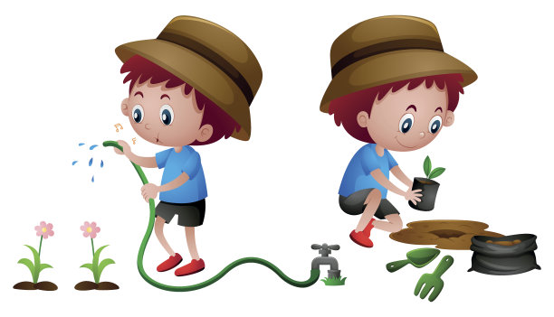 男孩种植和浇水植物图片下载