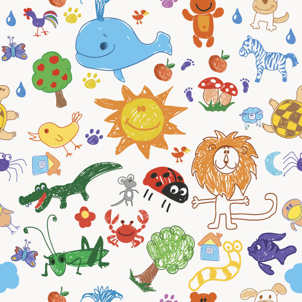 儿童涂鸦动物、树木和太阳无缝图案。图片下载