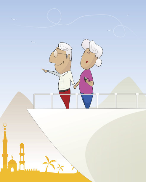 一对快乐的老夫妇望着大海图片下载