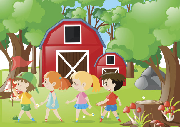 农场场景与四个孩子在地里图片下载