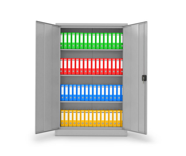 白色背景的金属盒子里的活页夹和文件夹。3 d演示。图片下载